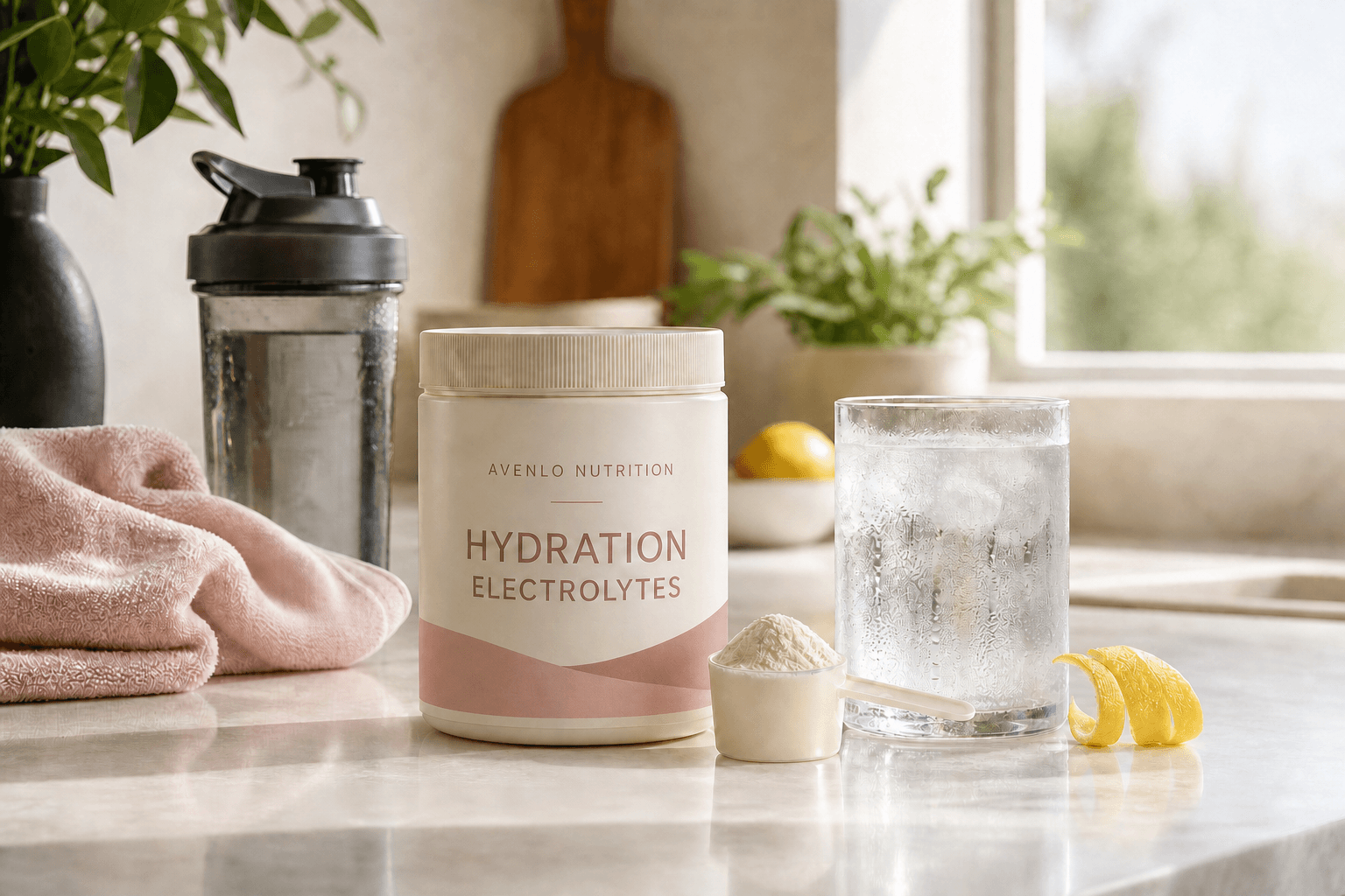 Synthetic Avenlo Nutrition hydration product on a bright kitchen counter