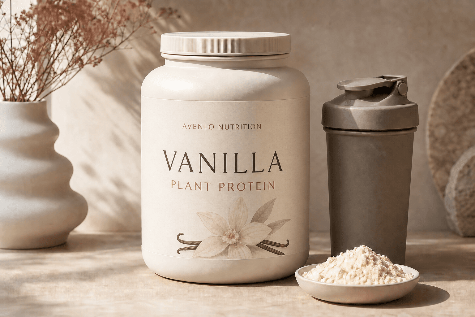 Synthetic Avenlo Nutrition vanilla plant protein arranged on a warm counter