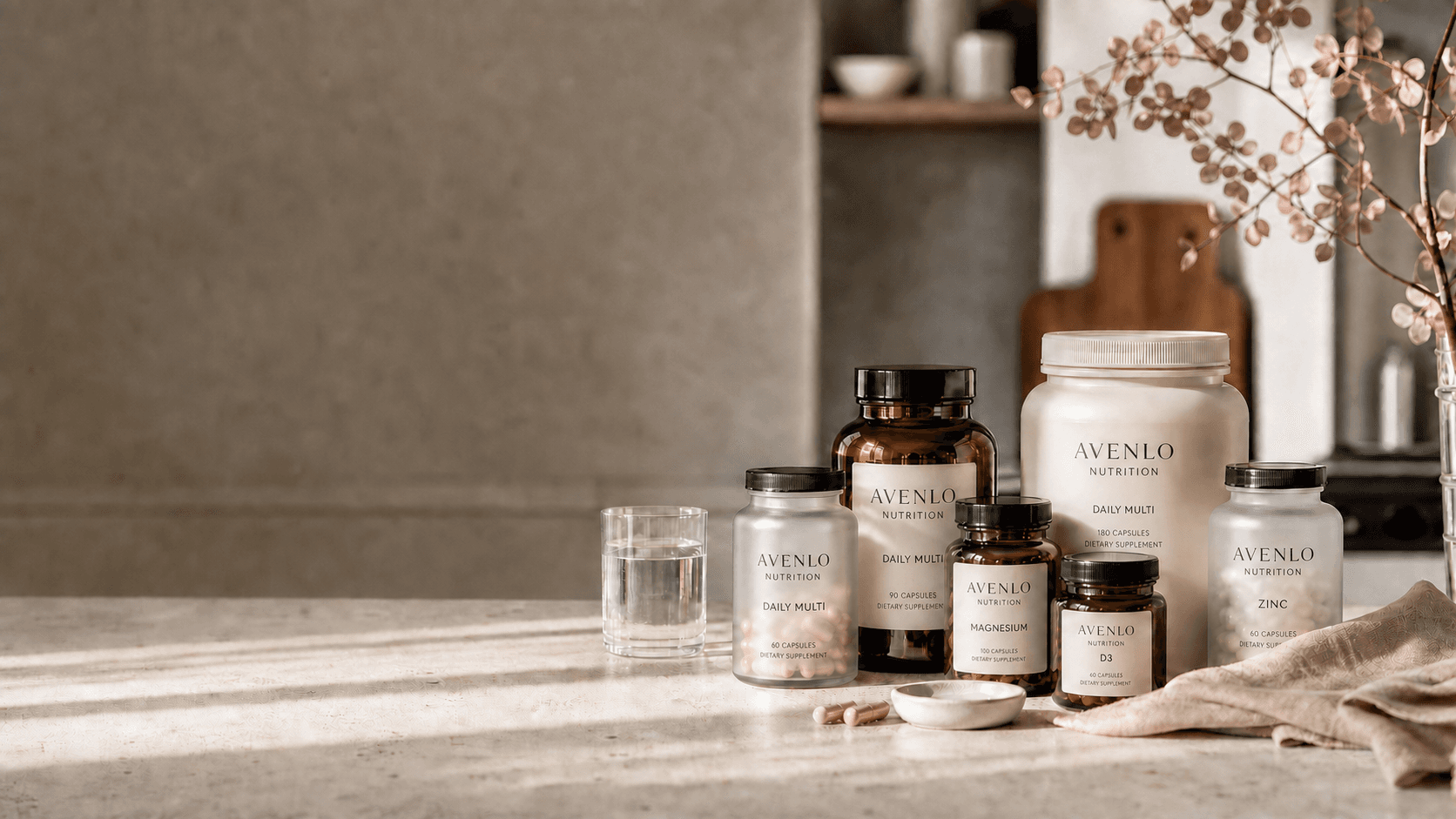 Synthetic Avenlo Nutrition scene showing a calm morning supplement routine